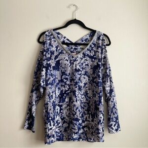 Juicy Couture Blue Sequin Print Rhinestone Neckline Cold Shoulder Long Sleeve S